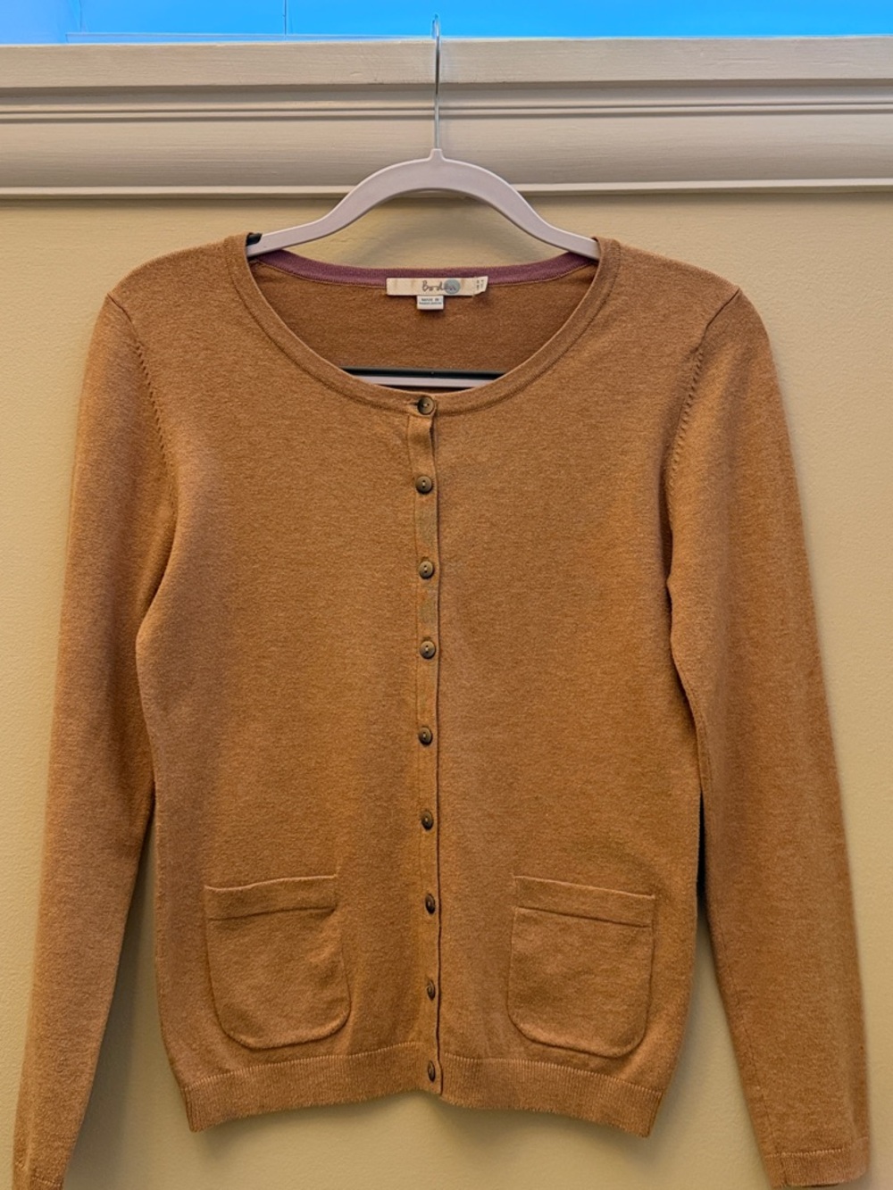 Boden Camel Button-Front Crewneck Cardigan